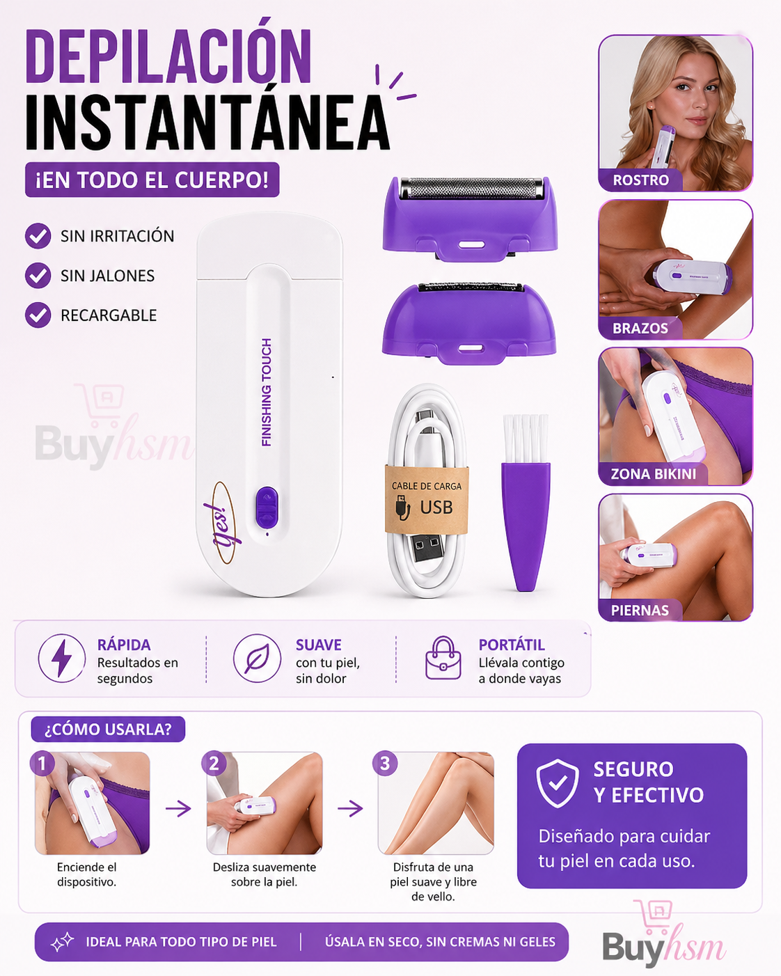 Depiladora corporal yes recargable ...piel definida